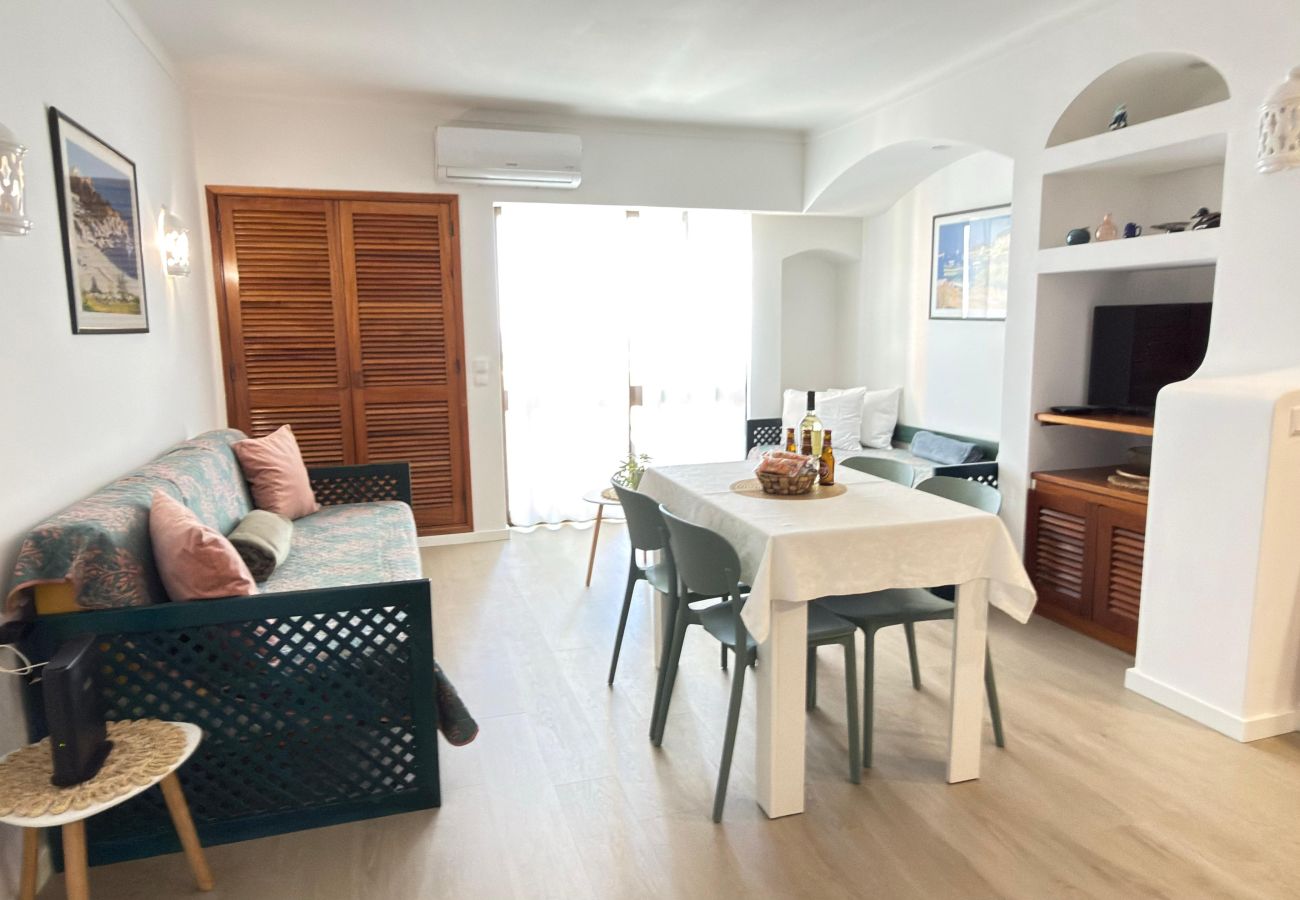 Salon avec canapé foncé et table à manger en arrière-plan